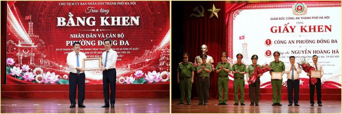 Các tập thể, cá nhân phường Đống Đa được nhận Bằng khen, Giấy khen của Chủ tịch UBND thành phố Hà Nội và Giám đốc Công an thành phố. Ảnh: Thanh Hòa