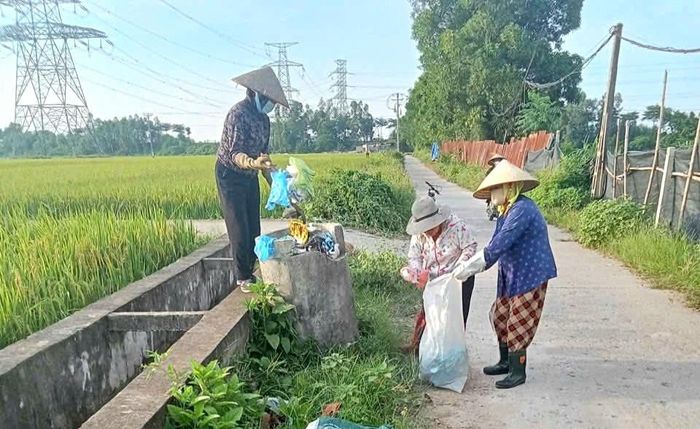 Nông dân xã Đa Phúc thu gom vỏ bao bì thuốc bảo vệ thực vật trên đồng ruộng. Ảnh: HND