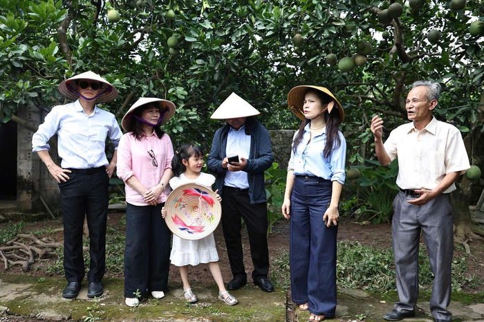 Phó Chủ tịch UBND xã Vân Đình Phạm Thúy Hòa cùng các đại biểu khảo sát mô hình phát triển công nghiệp văn hóa gắn với du lịch tại vườn bưởi ở thôn Thành Vật (xã Vân Đình). Ảnh: Lại Tấn