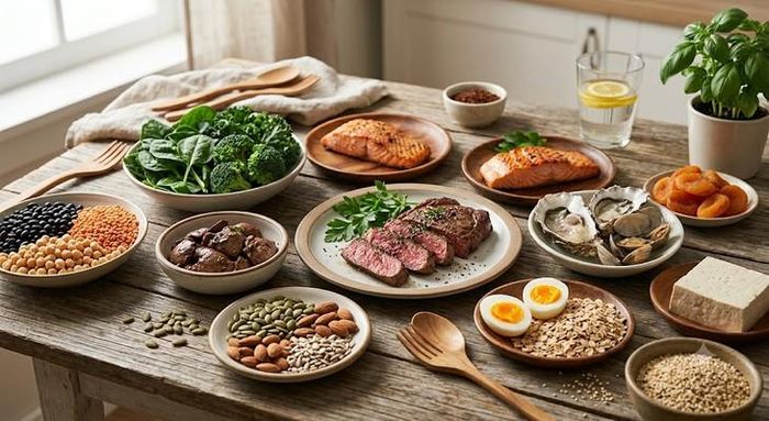 Nên ăn các thực phẩm giàu sắt đa dạng trong bữa ăn hàng ngày.