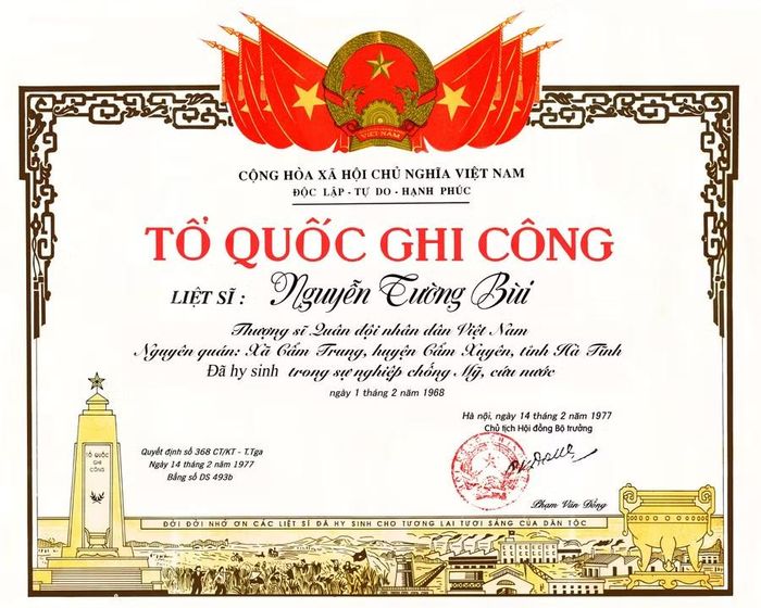 Theo lời kể, liệt sĩ, nhà giáo Nguyễn Tường Bùi hy sinh trong chiến dịch Tổng tiến công Tết Mậu Thân năm 1968.