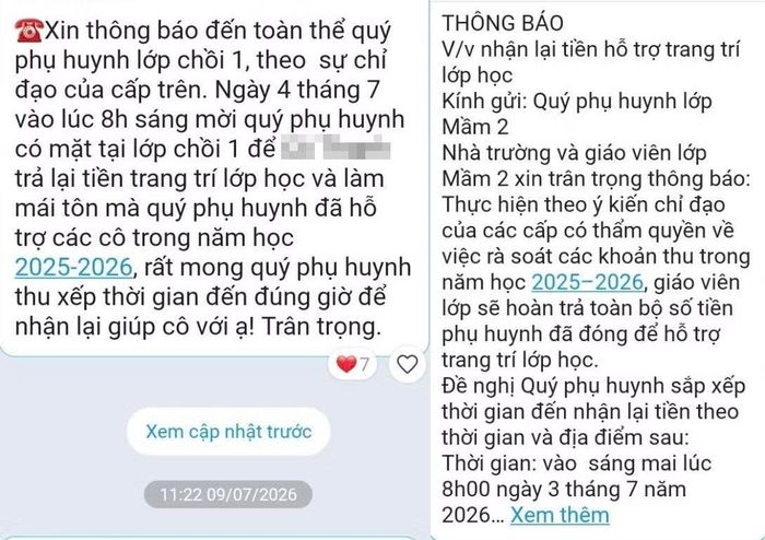 Nhà trường chỉ đạo trả lại tiền thu không đúng quy định.