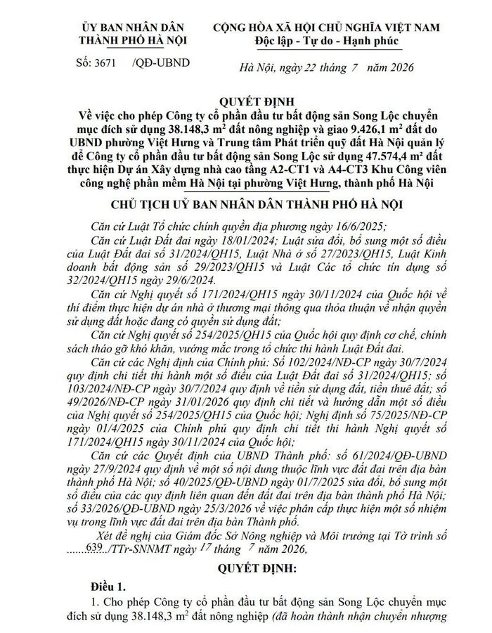 Hà Nội giao gần 4,8 ha đất cho Song Lộc xây dựng hai tòa nhà cao tầng tại Việt Hưng.