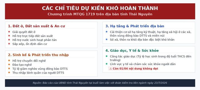 Các nhóm chỉ tiêu thuộc Chương trình MTQG 1719 chưa đạt, dự kiến khó hoàn thành của tỉnh Thái Nguyên. Đồ họa: S.H