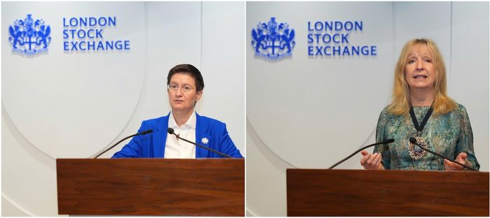 Đại diện Sàn Giao dịch Chứng khoán London (LSE), Tổng Giám đốc LSE - Dame Julia Hoggett (ảnh trái) và Thị trưởng Khu tài chính London - Dame Sue Langley phát biểu tại buổi gặp gỡ bà Nguyễn Thị Phương Thảo