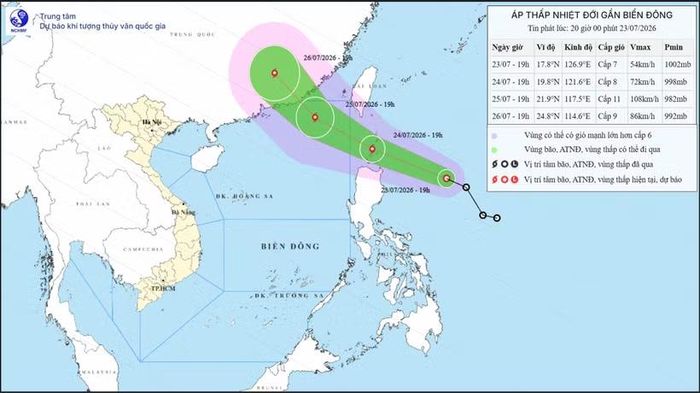 Vị trí và dự báo đường đi của áp thấp nhiệt đới. (Nguồn: Trung tâm Dự báo Khí tượng Thủy văn Quốc gia)