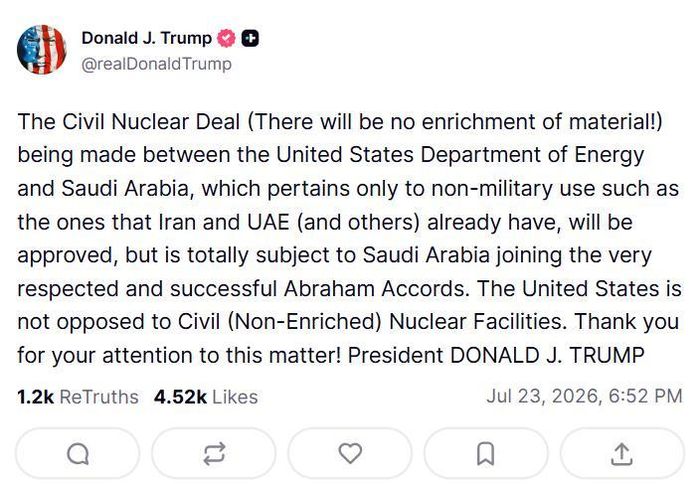 Ảnh chụp màn hình bài đăng của Tổng thống Trump trên Truth Social ngày 23/7.