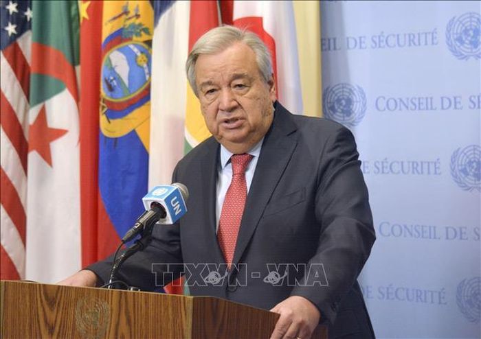 Tổng Thư ký LHQ Antonio Guterres phát biểu trong cuộc họp báo tại New York, Mỹ. Ảnh: Kyodo/TTXVN phát