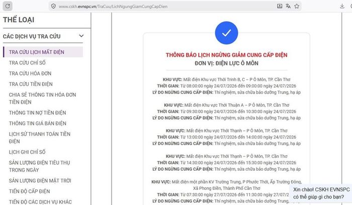 Lịch ngừng cấp điện tại Cần Thơ ngày mai 24/7 được cập nhật trên website của EVNSPC cập nhật lúc 11h25 ngày 23/7. Ảnh: BNEWS phát