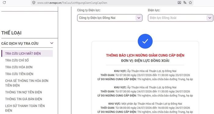 Lịch ngừng cấp điện tại Đồng Nai ngày mai 24/7 được cập nhật trên website của EVNSPC lúc 11h14 ngày 23/7. Ảnh: BNEWS phát