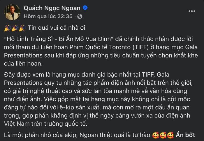 Quách Ngọc Ngoan chia sẻ niềm vui trên trang cá nhân khi phim mới nhận lời mời tham dự LHP TIFF 2026. Ảnh: Chụp màn hình FBNV