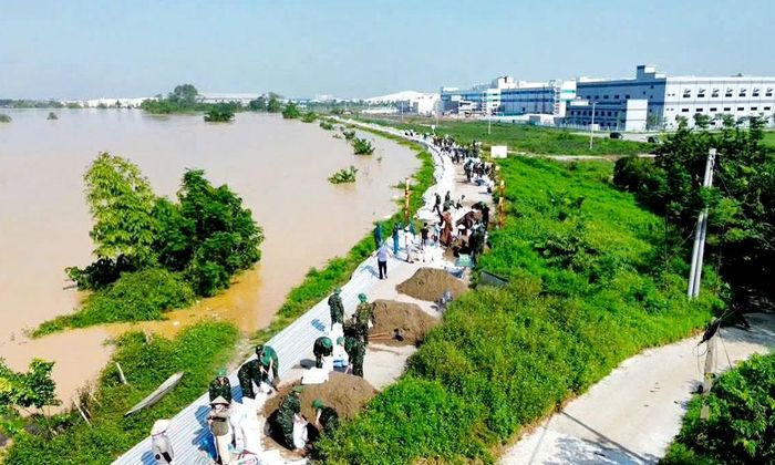 Các lực lượng chức năng phối hợp tham gia xử lý sự cố trên đê tả Cầu. (Ảnh tư liệu)