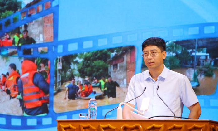 Đồng chí Đặng Công Hưởng, Phó Giám đốc Sở Nông nghiệp và Môi trường tỉnh nhấn mạnh vai trò của công tác phòng, chống thiên tai đối với phát triển kinh tế - xã hội.