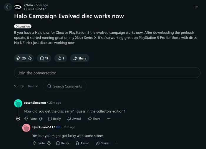 Các bình luận trên Reddit về việc đĩa Halo: Campaign Evolved đã có thể khởi chạy sớm