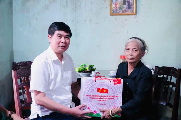  Phó Chủ tịch UBND tỉnh Lâm Hải Giang tặng quà cho thương binh Nguyễn Thị Thanh (xã Bình Phú). Ảnh: Hoàng Vũ 