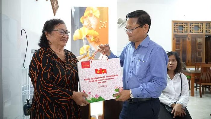  Phó Chủ tịch UBND tỉnh Nguyễn Tự Công Hoàng tặng quà cho thương binh Nguyễn Thị Đức (phường Quy Nhơn Nam). Ảnh: Dũng Nhân 