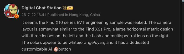 Thông tin rò rỉ về thông số kỹ thuật của dòng Find X10.