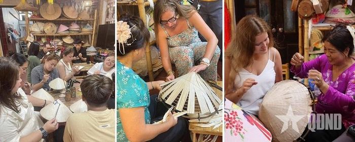 Khách du lịch trải nghiệm làm nón tại làng Chuông (Thanh Oai, Hà Nội). Ảnh: NVCC