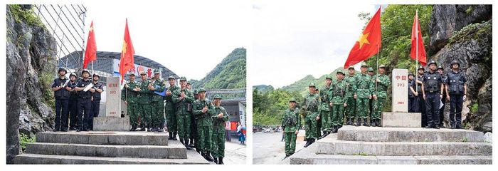 Cán bộ, chiến sĩ Đồn Biên phòng Phó Bảng và lực lượng quản lý biên giới Trung Quốc chụp ảnh lưu niệm cùng nhau tại cột mốc 393.