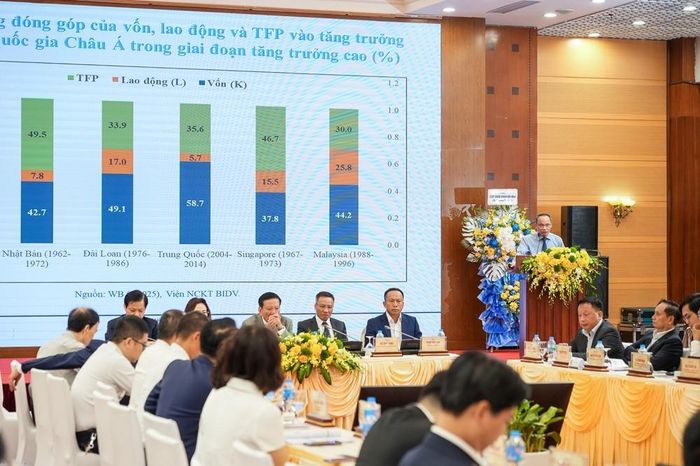 TS. Cấn Văn Lực - Chuyên gia Kinh tế trưởng BIDV, thành viên Hội đồng Tư vấn chính sách tài chính - tiền tệ Quốc gia tham luận tại hội thảo. Ảnh: Quang Thắng