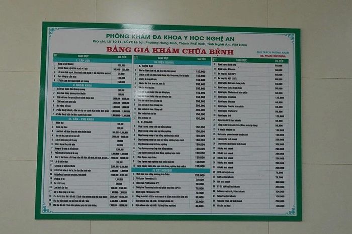 Bảng giá khám chữa bệnh tại Phòng khám đa khoa Y học Nghệ An. Ảnh: Công an cung cấp