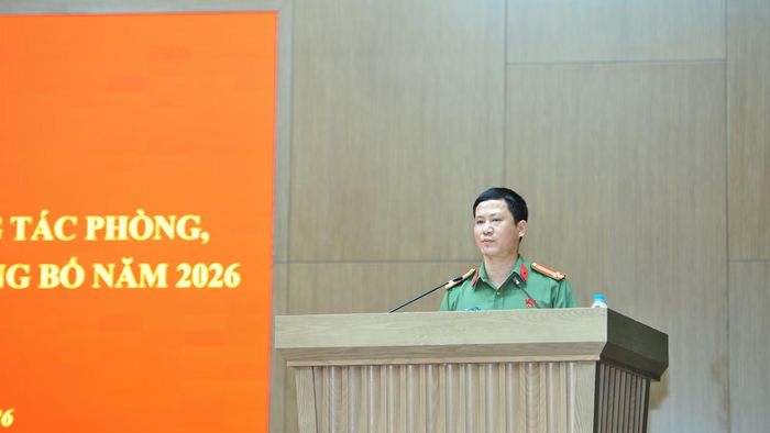 Trung tá Lê Ngọc Giáp, Phó Cục trưởng Cục An ninh nội địa phát biểu tại hội nghị.