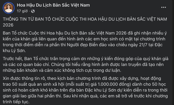Một phần thông cáo được BTC đăng tải. Ảnh chụp màn hình