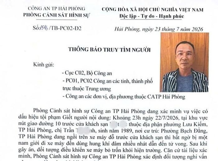Thông báo truy tìm người của Công an TP Hải Phòng. Ảnh: Báo Lao động.