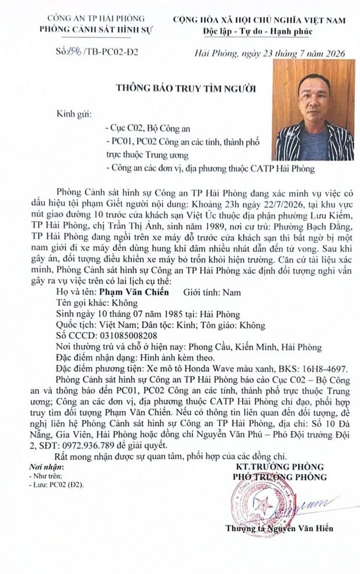 Công an TP Hải Phòng phát thông báo truy tìm nghi phạm liên quan vụ án mạng xảy ra tại phường Lưu Kiếm, TP Hải Phòng.