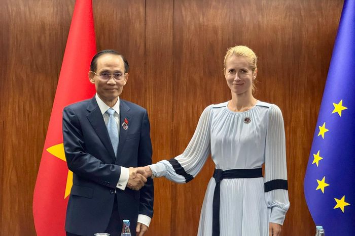 Bộ trưởng Bộ Ngoại giao Lê Hoài Trung (trái) gặp gỡ Phó Chủ tịch Ủy ban châu Âu (EU), Đại diện cấp cao về Chính sách đối ngoại và an ninh Kaja Kallas. Ảnh: Bộ Ngoại giao cung cấp