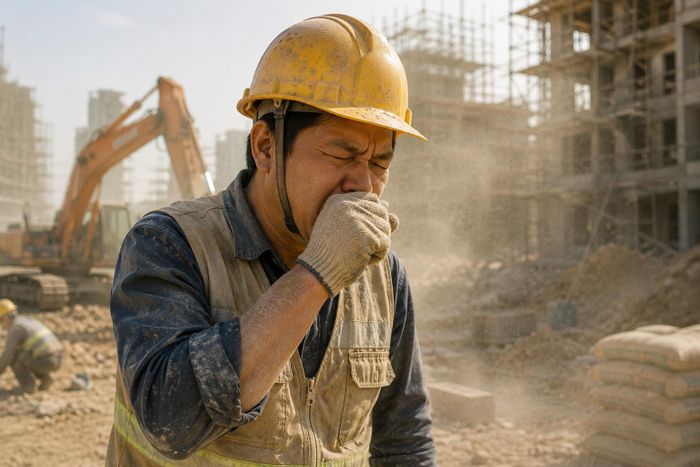 Công nhân xây dựng có thể đồng thời tiếp xúc với bụi silic từ bê tông, đá và vật liệu xây dựng. Nguồn: Ảnh AI