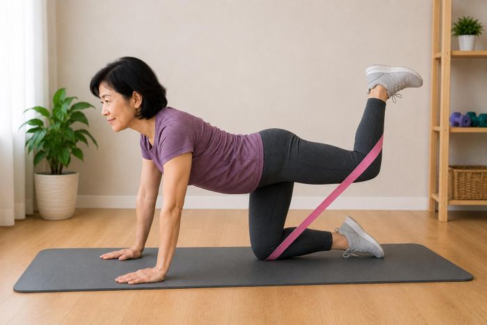 Đá chân sau với dây kháng lực giúp tăng sức mạnh cơ mông lớn. Ảnh AI.