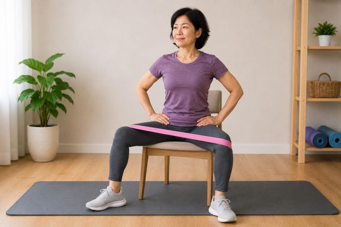Bài tập dang hông khi ngồi với dây kháng lực giúp tăng sức mạnh nhóm cơ dạng hông và cơ mông giữa. Ảnh AI.