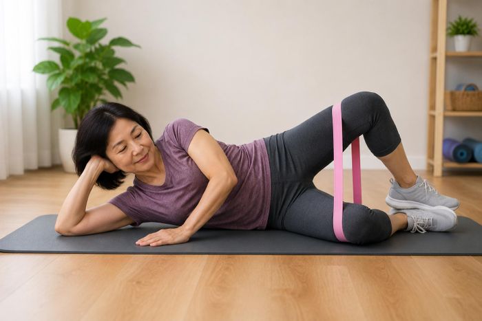Mở gối với dây kháng lực hỗ trợ kích hoạt cơ mông. Ảnh AI.