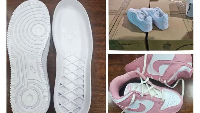 Các sản phẩm giày thành phẩm và bán thành phẩm mang các dấu hiệu "Nike", "Nike Air" và "Air Jordan" bị lực lượng quản lý thị trường thu giữ.