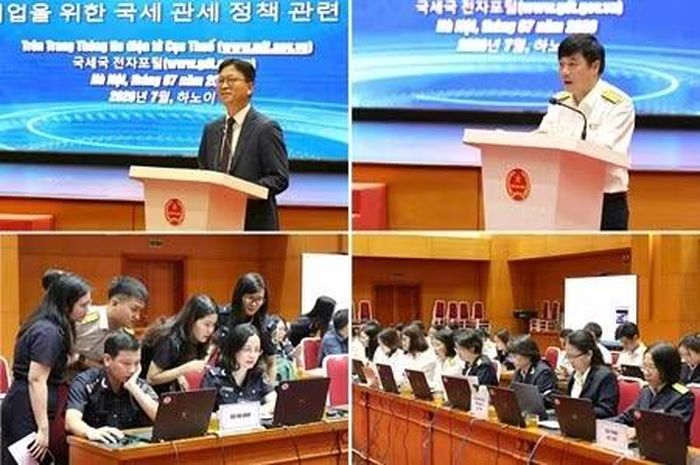 Ông Đào Duy Bẩy - Phó Trưởng ban Ban Quản lý thị trường và ông Lee Kyusung - Tùy viên thuế Đại sứ quán Hàn Quốc và các chuyên gia Cục Thuế và Cục Hải quan tại chương trình giải đáp chính sách.