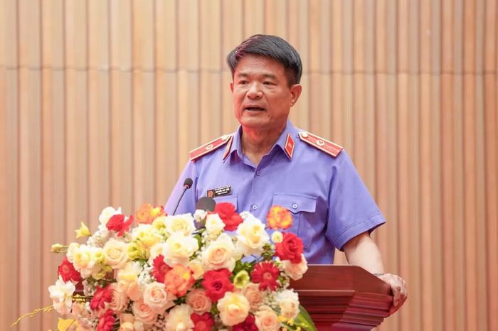 Đồng chí Nguyễn Huy Tiến, Ủy viên Trung ương Đảng, Bí thư Đảng ủy, Viện trưởng Kiểm sát nhân dân tối cao phát biểu tại buổi lễ. (Ảnh: QUANG MINH)