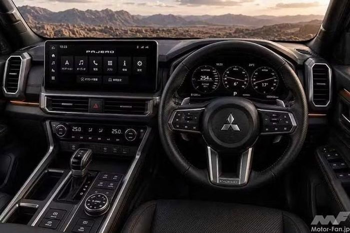 Theo bản dựng, Pajero mới có thể được trang bị màn hình giải trí trung tâm kích thước 12,3 inch, kết hợp cụm đồng hồ kỹ thuật số LCD hoàn toàn mới