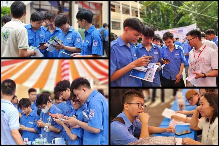 Hình ảnh sinh viên tham gia tìm hiểu, tư vấn tại các gian hàng của doanh nghiệp.