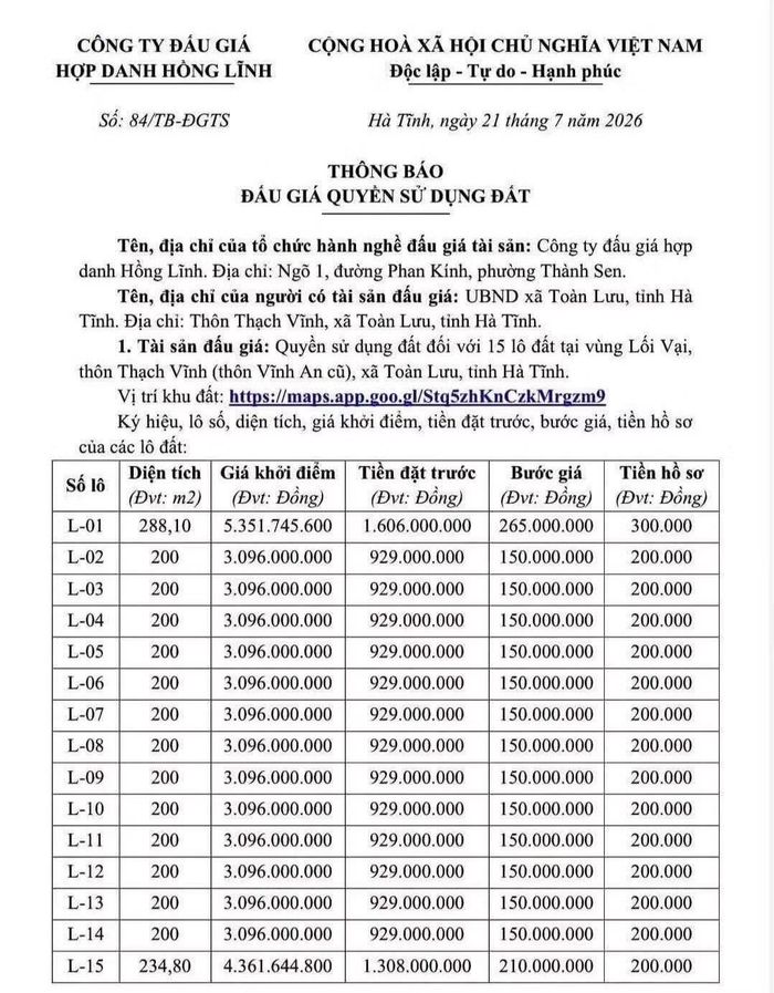 Văn bản thông báo đấu giá 15 lô đất tại xã Toàn Lưu. Ảnh chụp màn hình