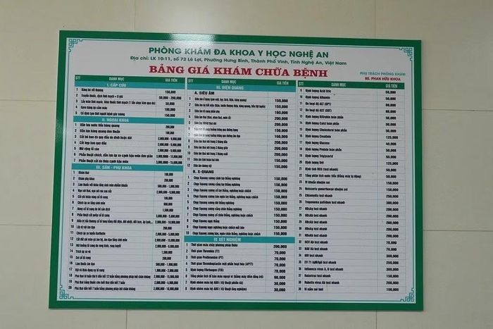 Bảng giá khám chữa bệnh tại phòng khám.