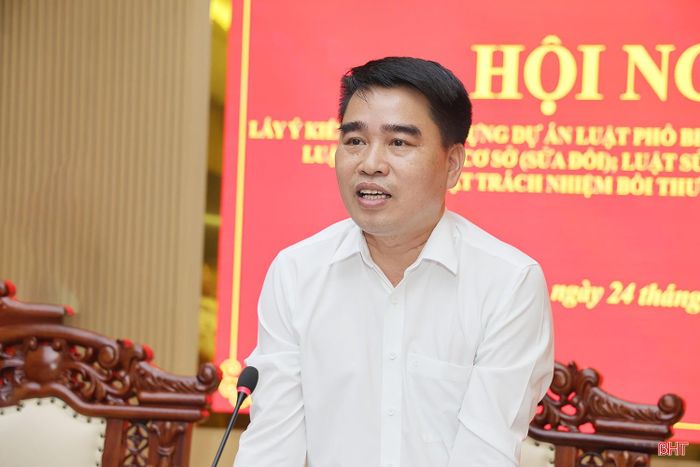 Đồng chí Đinh Văn Hồng - Phó Giám đốc Sở Tư pháp tham gia góp ý tại hội nghị.