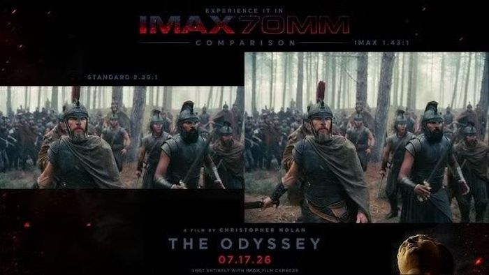 "The Odyssey" trên màn phổ thông 2,39:1 (trái) và màn IMAX tiêu chuẩn 1,43:1. (Ảnh:Techinflix)