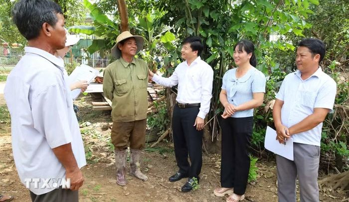 Chủ tịch Ủy ban nhân dân xã Bù Đăng Nguyễn Thanh Tùng cùng cán bộ xã đến từng hộ dân nắm bắt tình hình sử dụng đất, hướng dẫn hoàn thiện hồ sơ cấp Giấy chứng nhận quyền sử dụng đất lần đầu. (Ảnh: Đậu Tất Thành/TTXVN)