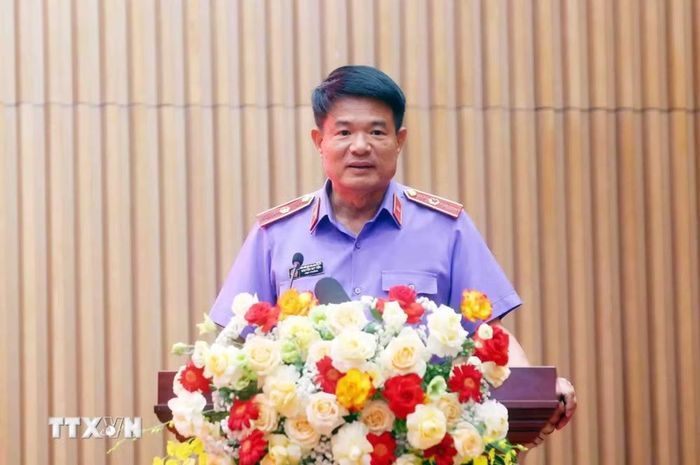 Viện trưởng Viện Kiểm sát Nhân dân Tối cao Nguyễn Huy Tiến phát biểu. (Ảnh: Phạm Kiên/TTXVN)