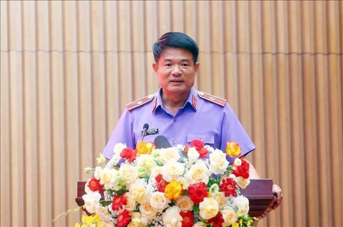 Viện trưởng Viện Kiểm sát nhân dân tối cao Nguyễn Huy Tiến phát biểu. Ảnh: Phạm Kiên/TTXVN