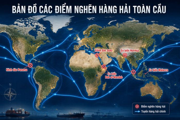Bản đồ các “điểm nghẽn” hàng hải chiến lược, giữ vai trò quan trọng đối với dòng chảy năng lượng và thương mại toàn cầu. Ảnh minh họa.