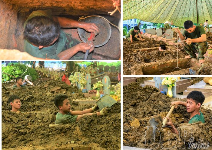 Những phần mộ nằm sâu tới 2m tại Nghĩa trang Liệt sĩ Him Lam, các chiến sĩ phải đào từng lớp đất, cẩn trọng từng thao tác, bảo đảm giữ nguyên hiện trạng phần mộ.