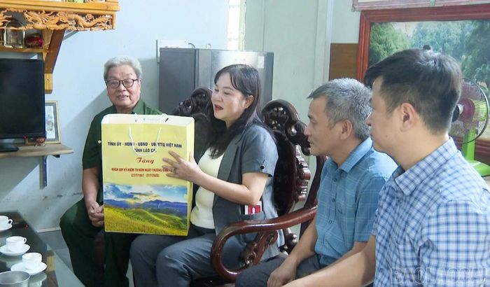 Đồng chí Phó Chủ tịch HĐND tỉnh Hoàng Thị Thanh Bình thăm, tặng quà bệnh binh Nguyễn Văn Dưỡng, thôn Bắc Cuông.