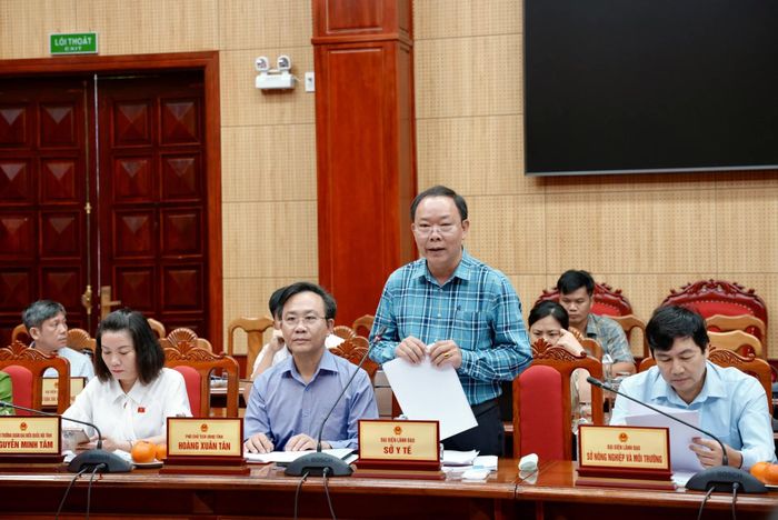 Đại diện lãnh đạo Sở Y tế báo cáo với đoàn công tác việc thực hiện chính sách, pháp luật về kiểm soát an toàn thực phẩm trên địa bàn tỉnh - Ảnh: H.N